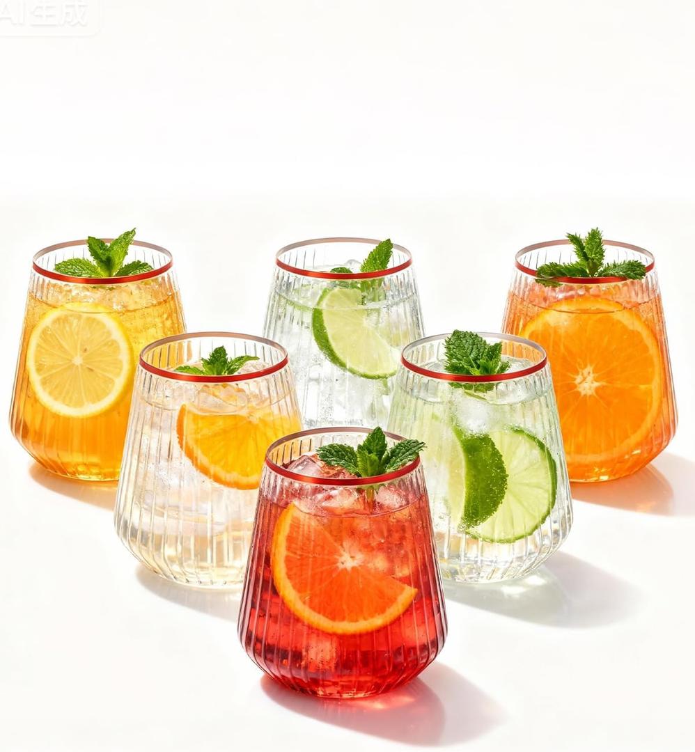 BESTSTAR 36 Pcs 12 oz Plastic Clear Red Rim Ribbed Wine Glasses, Origami Ripple Disposable Champagne Glasses Elegant Whiskey Glasses Ideal for Weddings, Bars, Christmas, Pool Party, Daily Use