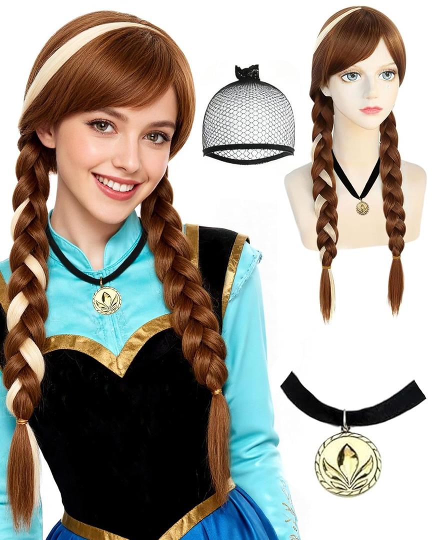 Anogol Hair Cap+ (1 Necklace) Long Brown Braided Ponytails Wig Brown Braids Princess Wigs Women Princess Cosplay Halloween Anime Party Costume Auburn Wig with Blonde Highlight Brown Braided with Bangs