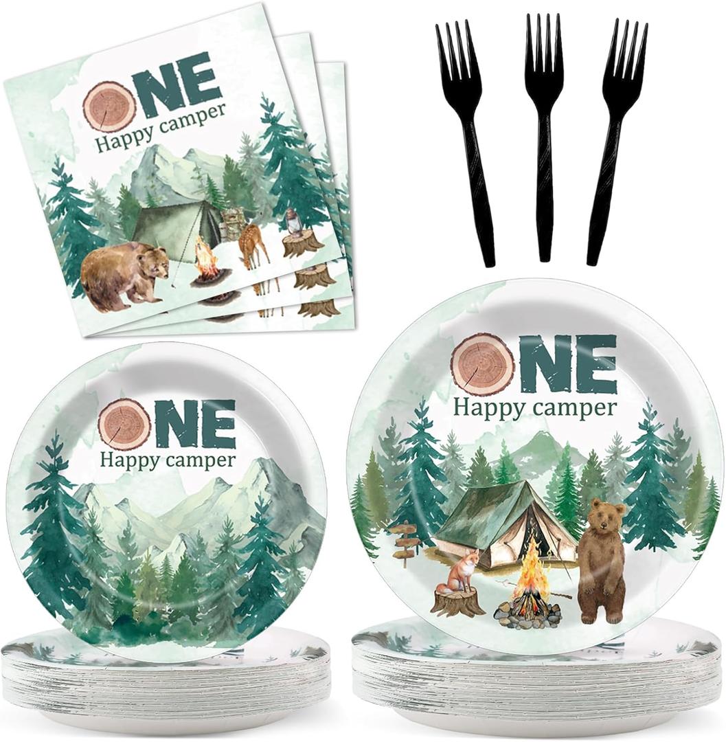 One Happy Camper Party Plates Napkins Happy Camper Party Paper Plates Camping 1st Birthday Party Disposable Dinnerware for Camping Theme Happy Camper Party Supplies Serve 24