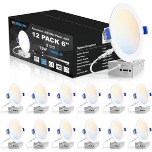 VOLISUN 12 Pack 6 inch Recessed Lighting, 5CCT LED Recessed Light with Junction Box, 2700K-5000K Selectable, 13W Eqv 120W, 1080LM Dimmable Canless Wafer Downlight, LED Ceiling Light ETL Certificated (White)