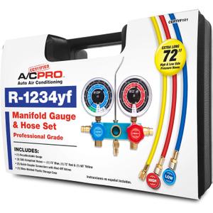 Certified A/C Pro Car Air Conditioner Refrigerant Gauge & Hose,Reusable AC Recharge Kit to Dispense R-12343YF to Compatible Vehicles,Includes Recalibrateable Low & High Pressure Gauges,InterDynamics