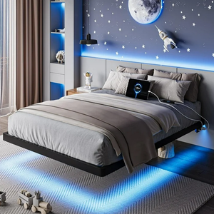 Honfach Twin Size Floating Bed Frame with Led Lights and Charging Station, Metal Bed Frame with Heavy Duty Steel Slats Supports,Black