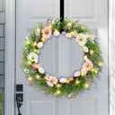 18 Inch Light up Easter Spring Wreath Artificial Flower Wreath with A Hook Colorful Eggs Berries Bow Knot for Front Door Easter Summer Farmhouse Wall Home Window Decor
