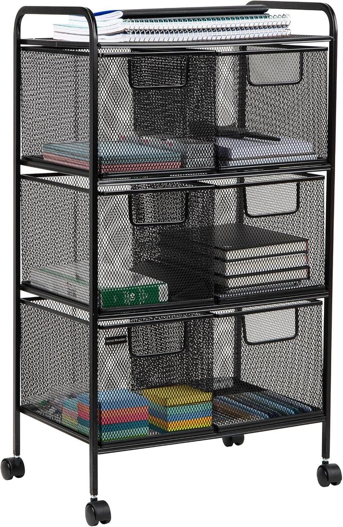 Mind Reader Multipurpose Rolling Cart with Drawers, Office Storage Organizer, Utility Cart, Metal Mesh, Black