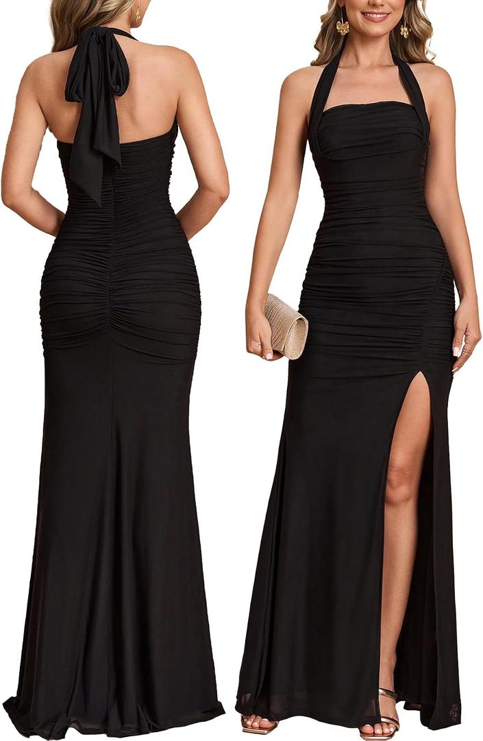 Women Bodycon Maxi Dress High Slit Halter Tie Ruched Long Formal Cocktail Wedding Guest Dresses (Black, XL)