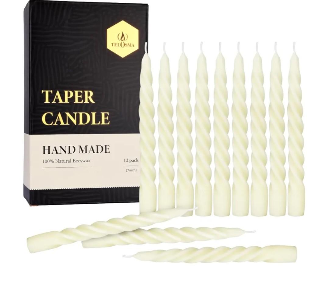 12 pcs Natural Beeswax Spiral Taper Candles, Dripless Short Candle Sticks for Dinner Wedding Party Christmas Home Decorations - 7 Inch Tall- Off White
