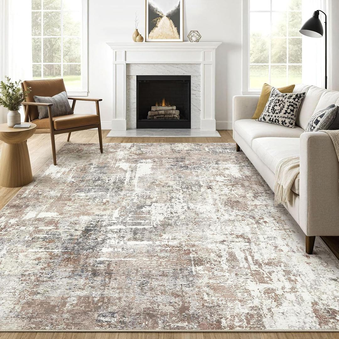 Area Rugs 9x12 Living Room: Washable Large Abstract Modern Soft Rugs Stain Resistant Indoor Floor Non Slip Accent Carpet for Bedroom Nursery Playroom Office Dining Room Dorm Home Decor- Brown
