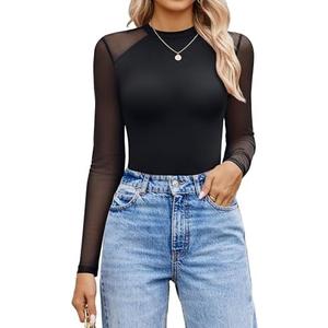 Avidlove Women Long Sleeve Bodysuit Crew Neck Body Suits Mesh One Piece Leotards Shirt Going Out Bodysuit Tops, Size M