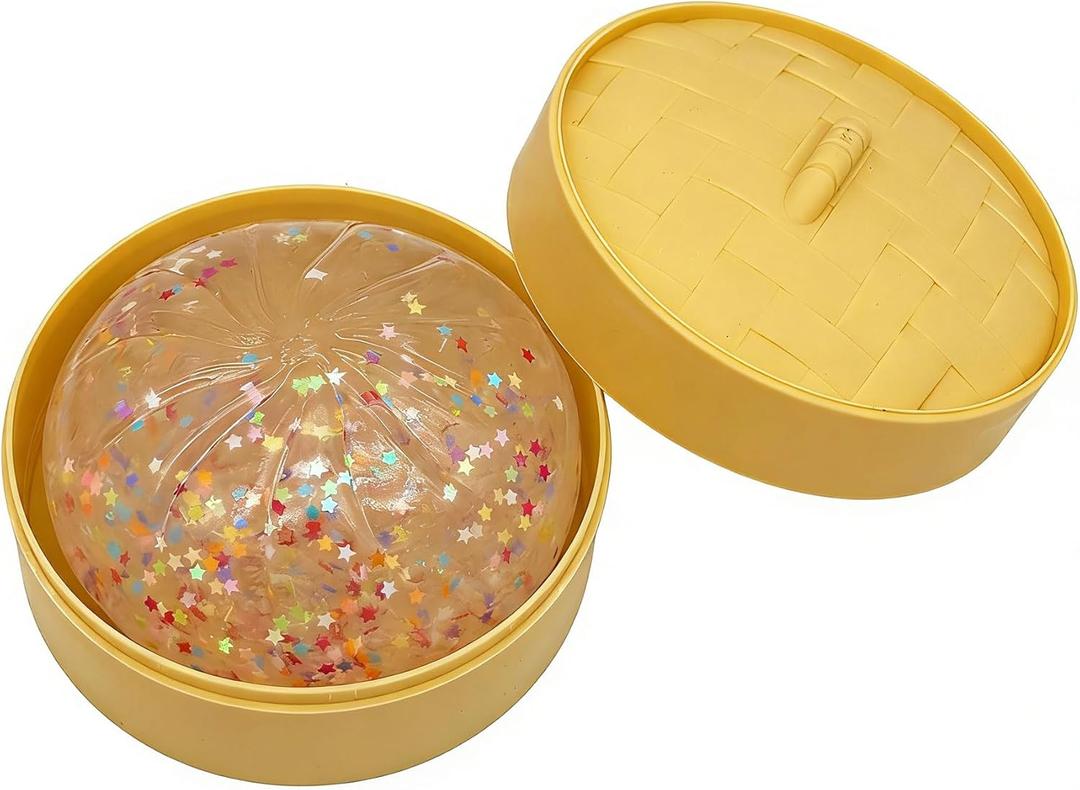 Star Clear Dumpling Toy with Steamer Case, Funny Squeeze Dough Stress Ball, Realistic Steamed Bun Squeezing Toy for Fidget Sensory Anxiety Relief Calming Travel Accessory Gift