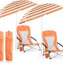 Huwena 2 Pack Beach Chairs with Umbrella for Adults, Low Folding Chair Set, Adjustable Detachable Umbrella, Lightweight Portable with Cup Holder & Carry Bag, for Beach Camping Travel(Orange)