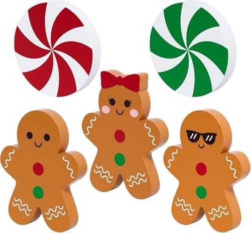 4pcs Christmas Table Decorations for Home, Mouse Double-sided Wood Gingerbread Christmas Centerpieces for Tables Cute Christmas Party Wood Tiered Tray Decor Indoor