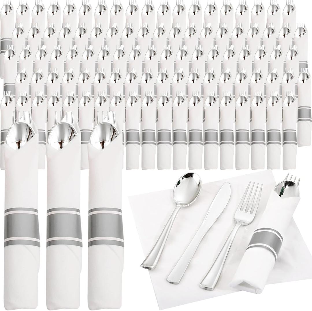 Supernal 120pack Silver Plastic Silverware,Rolled Plastic Silverware,Pre Rolled Napkins with Cutlery Set,Wrapped Disposable Cutlery Set with Napkin Perfect for Valentine's Day, Mother's Day and Easter