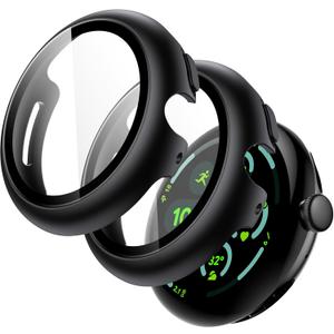 JETech Case with Screen Protector for Google Pixel Watch 3 (2024) 45mm, Built-in 9H Tempered Glass Film Hard PC Bumper Full Coverage Protective Cover, 2-Pack (Black)