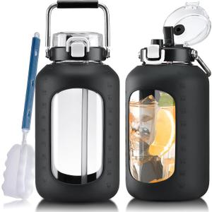 Large Glass Water Bottles with Stainless Steel Handle,100 oz Gallon Drinking Bottle with 2-in-1 Straw Lid,3 Liter Glass Water Jug with Silicone Sleeve,Wide Mouth,Black