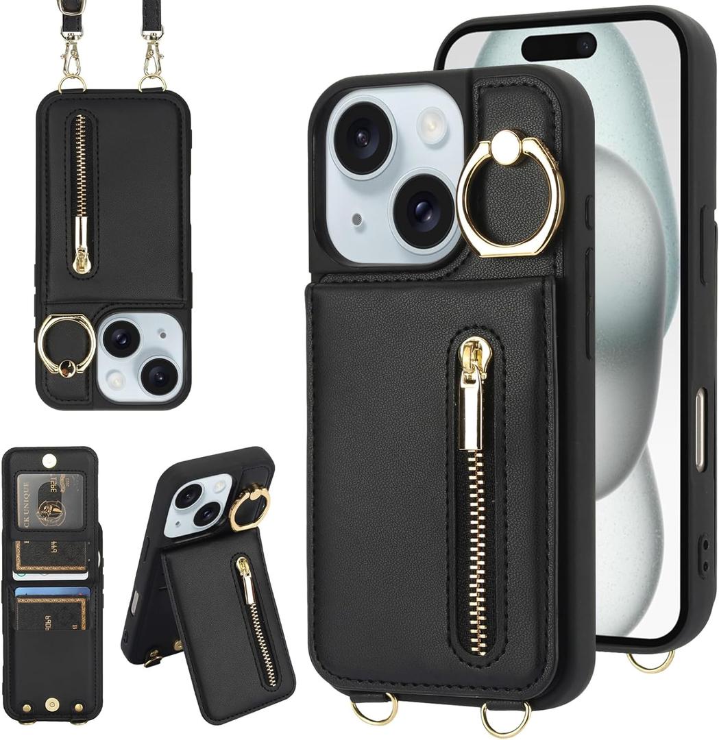 Crossbody Wallet Case for iPhone 12/12 Pro with Lanyard Strap Card Slot Holder RFID Blocking Ring Kickstand,Magnetic Flip Folio Zipper Purse Case, PU Leather Cover Handbag,Black