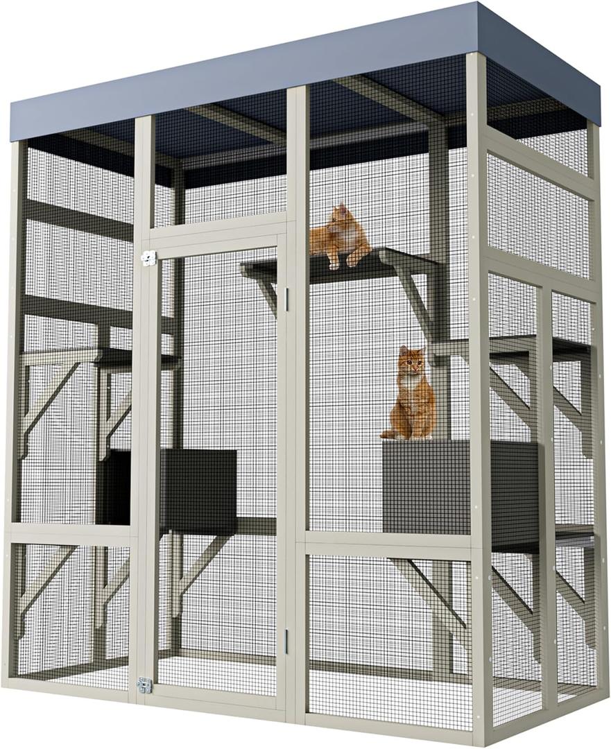 70" Large Outdoor Catio Cat Enclosure, Wood Cat Patio with Waterproof UV-Resistant Roof, Cats Shelter with 5 Platforms and 2 Resting Box, and Secure Rust-Proof Wire for Backyard or Patio