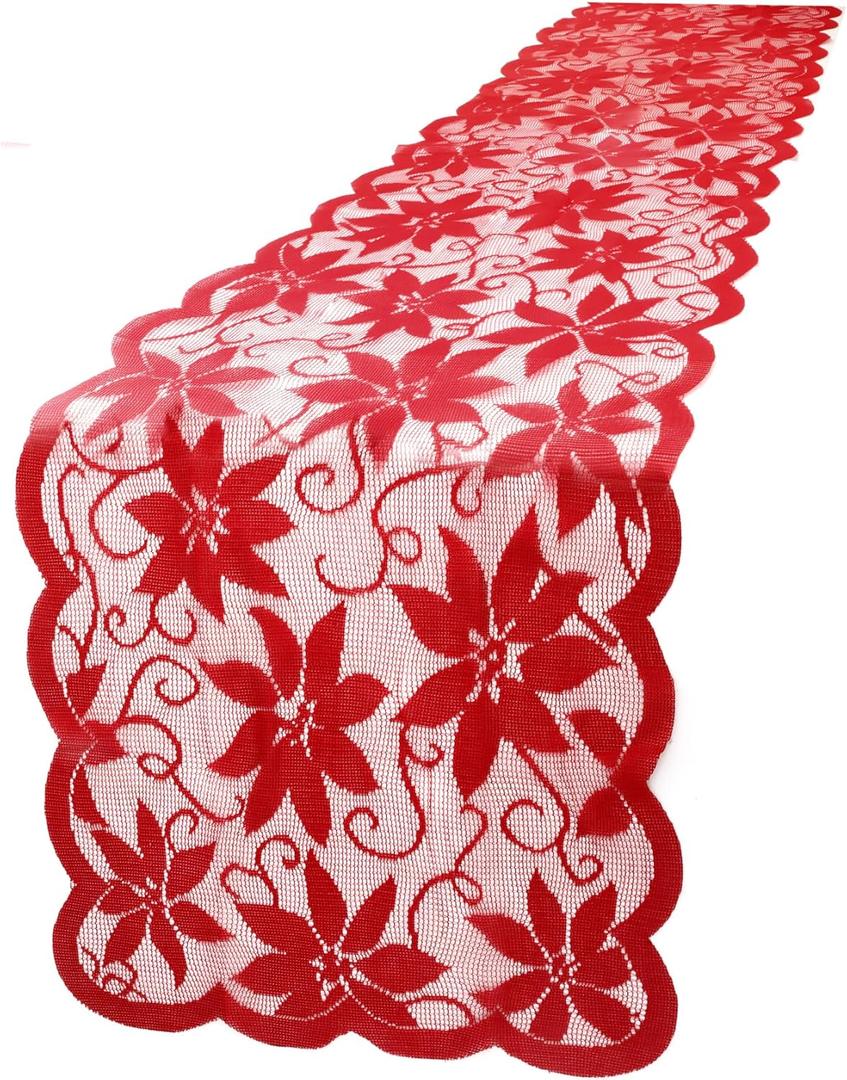 Christmas Table Runner Lace Table Runner with Red Leaves, Christmas Runners for Table, Xmas Table Decorations Tables Flag Holiday Table Runners for Xmas Wedding Party Home Decor