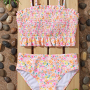 Tween Girl Floral Print Smocked Ruffle Hem Bikini Set Summer Beach
 S