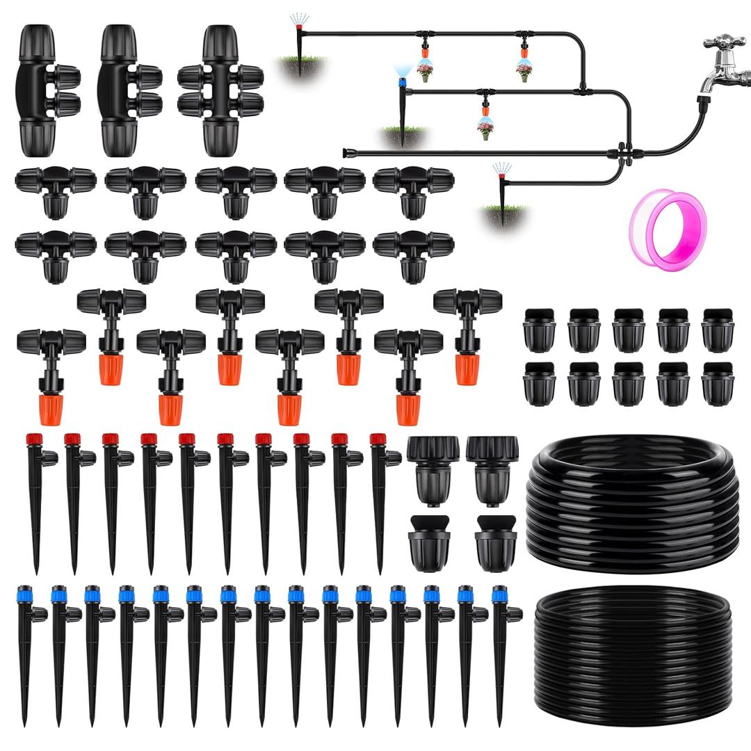 TWOWYHI 98FT 1/4 Inch 50FT 1/2 Inch Tubing Drip Irrigation System Kit Automatic Garden Irrigation Equipment Adjustable Quick Connector Watering Misting for Outdoor Yard Lawn Raised Bed Greenhouse