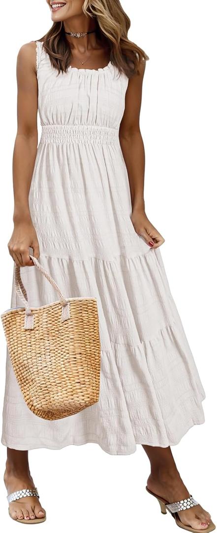 AlvaQ Women Summer Dresses Sleeveless Smocked Midi Dress High Waist Casual Tiered A Line Sundress with Pockets (Red, S)