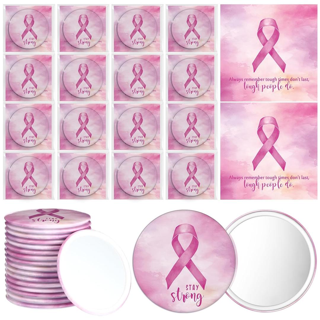 30 Sets Breast Cancer Awareness Valentines Gifts Pink Compact Mirror Bulk Inspirational Cards Breast Cancer Awareness Decorations for Survivor Women Charity Event Campaign Party (Pink)