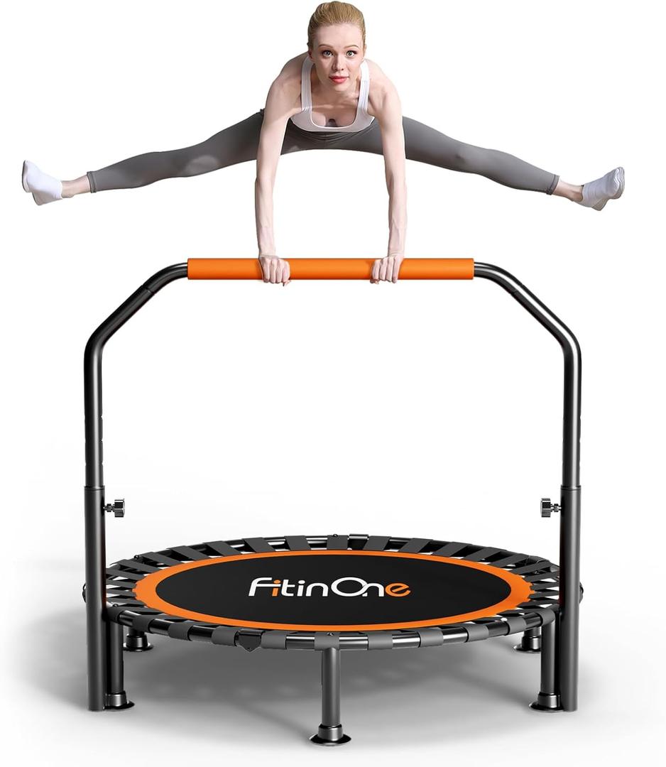 40"/ 48" Foldable Mini Trampoline Load 330lbs, Portable Exercise Rebounder Trampoline with Adjustable Foam Handle, Fitness Trampoline for Adults (40 in with handrail)