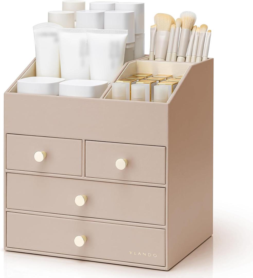 VLANDO Makeup Organizer Countertop,Large Vanity Organizer PU Leather Make up Storage with 4 Drawers Skin care Organizer Cosmetic Display Case for Lipstick,Brushes,Bedroom-Toffee