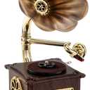 Mini Gramophone Vintage Copper Horn Record Player with Bluetooth, USB, AUX, FM Radio and Builtin Speakers for Gift Home Decor