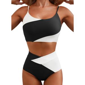Herseas Women 2 Piece High Waisted Bikini Sets Color Block Popular Swimsuit 2026 Summer Beach Best Bathing Suits Medium