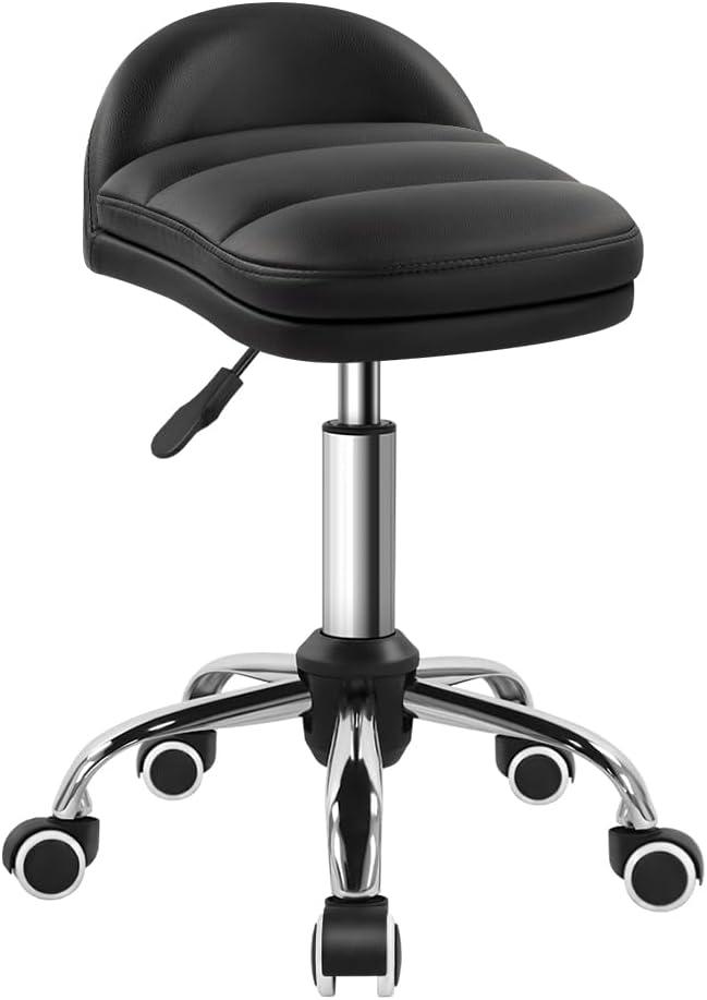 Black Rolling Stool Chair with Wheel for Home Work SPA Massage Height-Adjustable and Cost-Effective Swivel Stool with Low Back