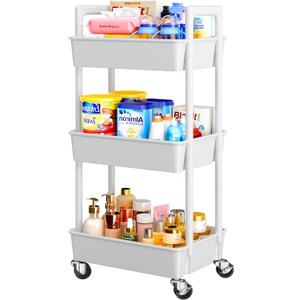 Pipishell 3 Tier Rolling Cart Organizer, Plastic Rolling Cart with Lockable Wheels & Reinforced Handle, Lightweight Utility Cart Storage Cart for Nursery, Kitchen, Bathroom, Craft Room, White, PIUC14W (3-Tier, White)