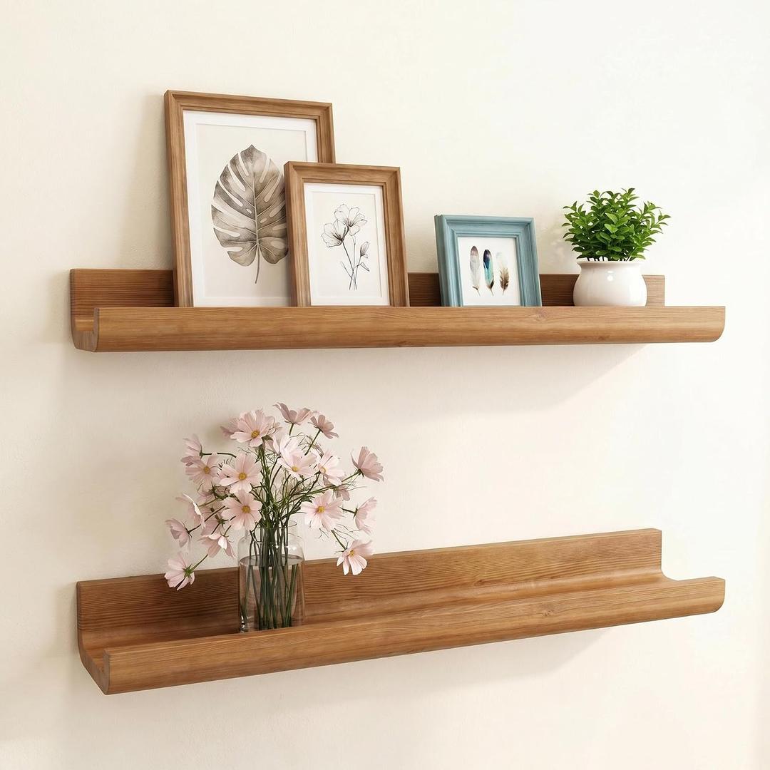 Pine Wood Floating Shelves Set of 2, Wall Mounted Display Ledge Shelves with Lip, Rustic Farmhouse Storage Organizer for Living Room, Bedroom, Photo Frames & Plants (Light Brown, 23.6x 3.9 Inch), 23.6 Inch 2PCS