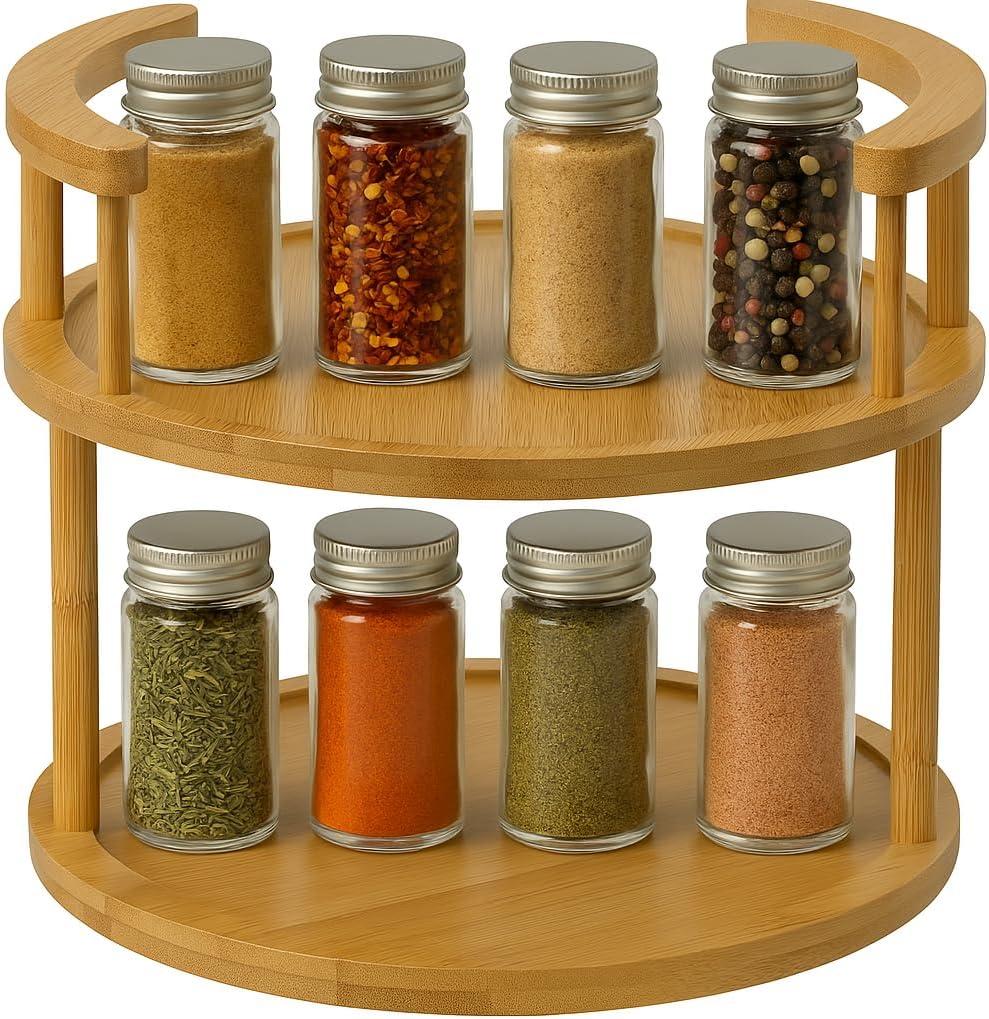 Wooden Rotating Spice Rack - 2 Tier Lazy Susan Turntable Spice Organizer for Countertop & Pantry - Portable & Space-Saving Rotating Storage Rack for Kitchen with 360 Rotating Feature