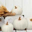 Preboun 4 Pieces Large Wool Fall White Pumpkin Thanksgiving Decor Artificial Fabric Pumpkin Harvest Felt Fake Pumpkins for Decorating for Fall, Thanksgiving, Halloween, Wedding Parties Decoration