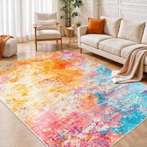 Rugflix 5x7 Area Rugs for Living Room, Washable Colorful Rainbow Rug Stain-Resistant Low Pile, Large Carpet Non-Slip for Kids Girls Room Nursery Bedroom Home Office