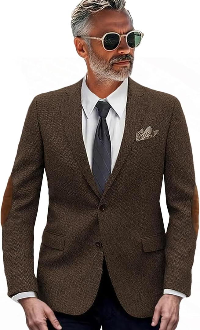 VENNYNG Men's Tweed Jacket with Elbow Paths Single Breasted Blazer Vintage Coat Tailored Fit Two-Buttons (X-Large, Herri Brown)