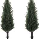 3FT Artificial Cedar Topiary Trees with Ground Spike, UV Resistant Faux Cypress Trees, Set of 2 Faux Plants Artificial Bushes for Indoor Outdoor Front Porch Garden (35 inch)
