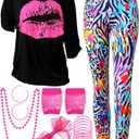 Blulu 80s Women Costume Set, T-Shirt, Geometric Legging Pants Earring Necklace Gloves Bracelet (Stylish, Small)