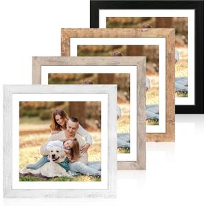 iRahmen 12x12 Picture Frame Set of 4 with Tempered Glass, Display 10x10 Picture with Mat or 12 x 12 Without Mat, Mixed Color Wood Photo Frames for Tabletop Display and Wall Mounting