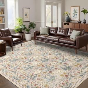 GarveeHome Washable Area Rug 6x9, Soft Vintage Floral Bedroom Rug Non Slip Low Pile Beige Carpet Stain Resistant Throw Rug for Bedside Kids Room Office Dining Room