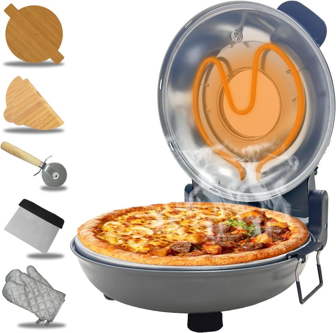 Pizza Oven Indoor, 12 Inch Retro Pizza Maker, Rapid Heating 800F, 1200W Glazed Ceramic Stone Electric Pizza Cooker, Two-button Precise Temperature Control, Viewing Window for Precise Cooking