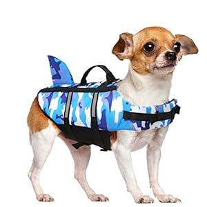 Queenmore Dog Life Jacket Pet Safety Vest High Buoyancy Camouflage Color Cute Shark with Strong Rescue Handle and Leash Ring for Boating, Canoeing, Surfing, Hunting, Blue S