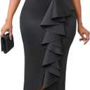 Cololura Women Sexy Elegant V Neck Short Sleeve Slit Ruffle Maxi Dress Formal Pencil Bodycon Midi Dress, Size: 2XL