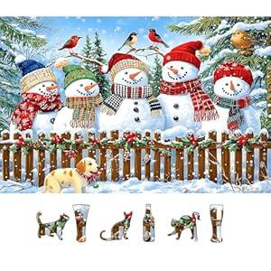 MINIWAN Christmas Jigsaw Puzzles 500 Pieces for Adults - 23x15 Inches Winter Holiday Puzzle with Unique Shaped Pieces, Fun & Challenging Snowman Art for Christmas Vacation