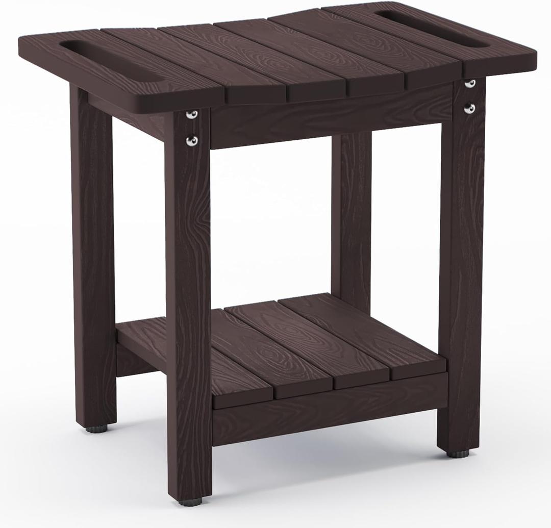 LUE BONA Shower Bench Stool, HDPS Shower Benches for Inside Shower with Shelf, Waterproof Shower Chair Foot Stool for Spa Bathroom, Weather Resistant/Non-Slip/Handles/Indoor or Outdoor Use, Espresso