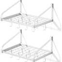 Love-KANKEI Pot Rack Wall Mounted Set of 2 Pan Pot Organizer Wall Shelves with 16 Hooks for Kitchen Cookware Utensils Organization White