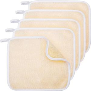 Tatuo 5 Pcs Exfoliating Face and Body Wash Cloths Towel Weave Bath Exfoliating Scrub Massage Bath Cloth for Women and Men, 10.23 x 8.66 Inch(Beige Edge)