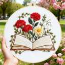 BEUNITONE Books Flowers Embroidery Kit, 6PC Literary Themed Cross Stitch Set for Book Lovers, Reading Hobby DIY Craft, Unique Home Decor Gift Idea