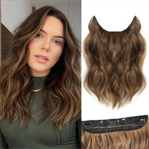 Halo Hair Extensions 12 Inch Invisible Wire Hair Extensions Adjustable Long Wavy Hairpiece Synthetic Upgrade 4 Secure Clips in Hairpieces 12 Inch,Honey Blonde Mix Light Brown