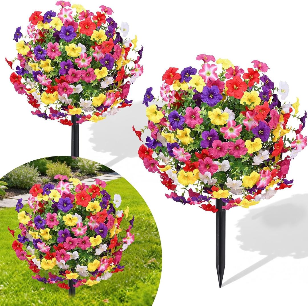 23" Artificial Boxwood Topiary Ball Trees with Petunias Flowers, Set of 2 Faux Outdoor Plants with Ground Spike for Outdoors, UV Resistant Fake Flowers for Outdoor Garden Yard Front Porch Patio Decor
